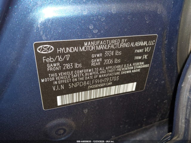 5NPD84LF9HH193703 Hyundai ELANTRA SE