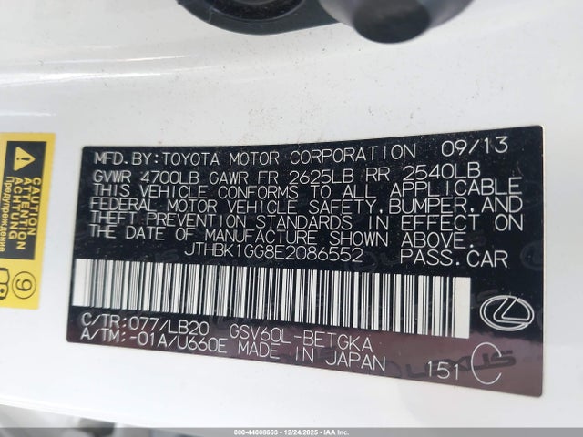 Продаж на аукціоні авто 2014 Lexus Es 350, vin: JTHBK1GG8E2086552, номер лоту: 44008663