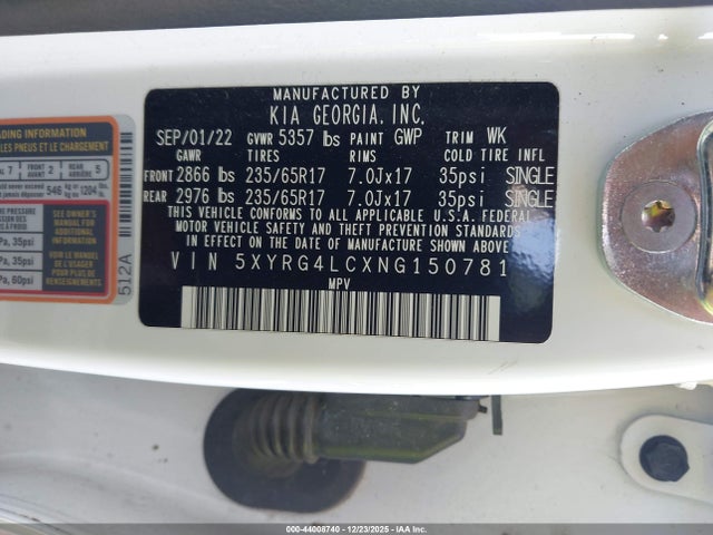 44008740 :رقم المزاد ، 5XYRG4LCXNG150781 vin ، 2022 Kia Sorento Lx مزاد بيع