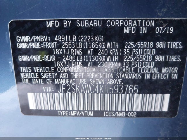 Продаж на аукціоні авто 2019 Subaru Forester Touring, vin: JF2SKAWC4KH593765, номер лоту: 44008795