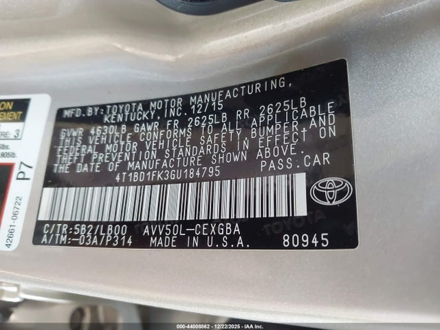 Продаж на аукціоні авто 2016 Toyota Camry Hybrid Xle, vin: 4T1BD1FK3GU184795, номер лоту: 44008862
