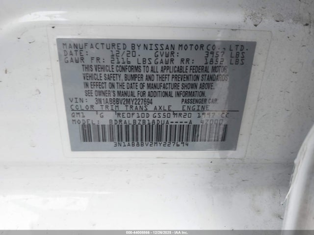 3N1AB8BV2MY227694 Nissan Sentra S Xtronic Cvt