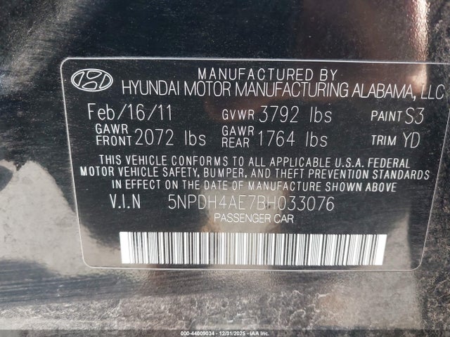 Продажа на аукционе авто 2011 Hyundai Elantra Limited, vin: 5NPDH4AE7BH033076, номер лота: 44009034