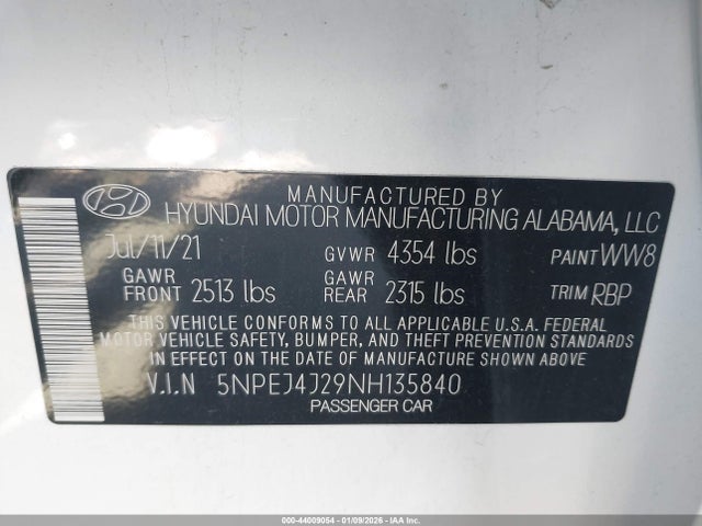 5NPEJ4J29NH135840 Hyundai Sonata Sel Plus