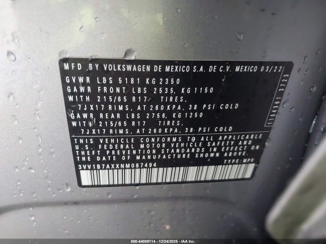 3VV1B7AXXNM087494 Volkswagen Tiguan 2.0t S