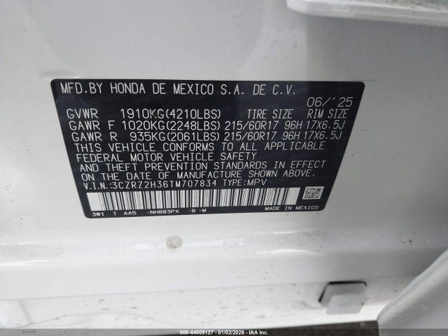3CZRZ2H36TM707834 Honda Hr-v Awd Lx