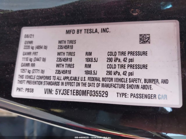 Продажа на аукционе авто 2021 Tesla Model 3 Long Range Dual Motor All-wheel Drive, vin: 5YJ3E1EB0MF035529, номер лота: 44009225