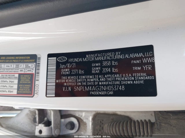 Aukcja sprzedaży 2022 Hyundai Elantra Sel, vin: 5NPLM4AG2NH053748, numer aukcji: 44009276