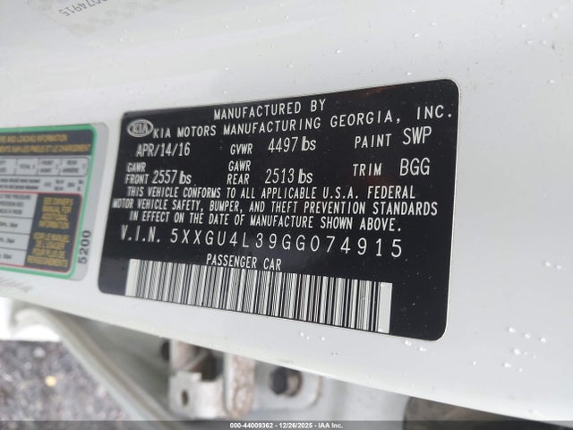 5XXGU4L39GG074915 KIA OPTIMA EX