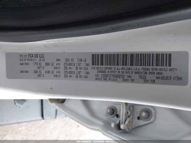 44009420 :رقم المزاد ، 1C6SRFGT7KN658722 vin ، 2019 Ram 1500 Tradesman  4x4 5'7 Box مزاد بيع