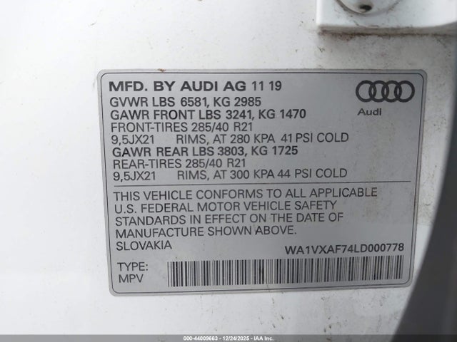 44009663 :رقم المزاد ، WA1VXAF74LD000778 vin ، 2020 Audi Q7 Prestige 55 Tfsi Quattro Tiptronic مزاد بيع