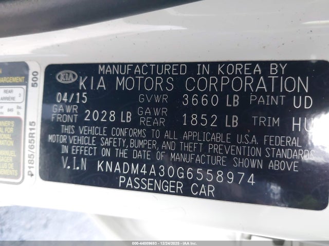 2016 Kia Rio Lx მანქანა იყიდება აუქციონზე, vin: KNADM4A30G6558974, აუქციონის ნომერი: 44009693