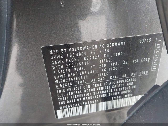 Aukcja sprzedaży 2015 Volkswagen Tiguan S, vin: WVGAV7AX1FW596411, numer aukcji: 44009727