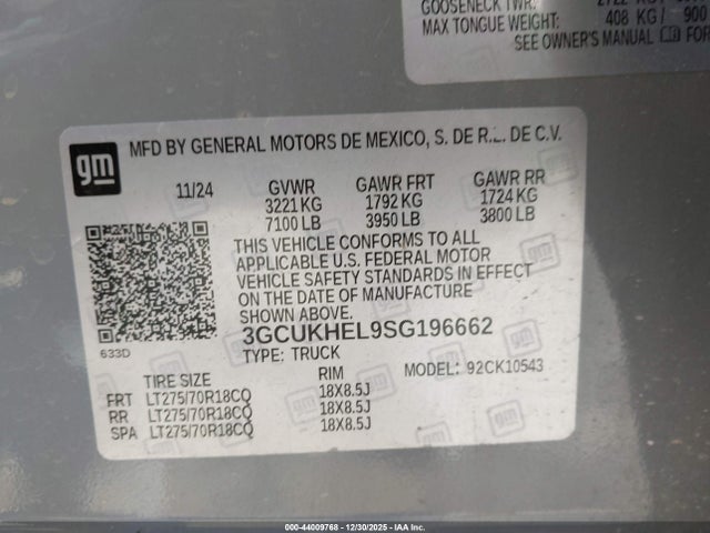 3GCUKHEL9SG196662 Chevrolet Silverado 1500 4wd Short Bed Zr2