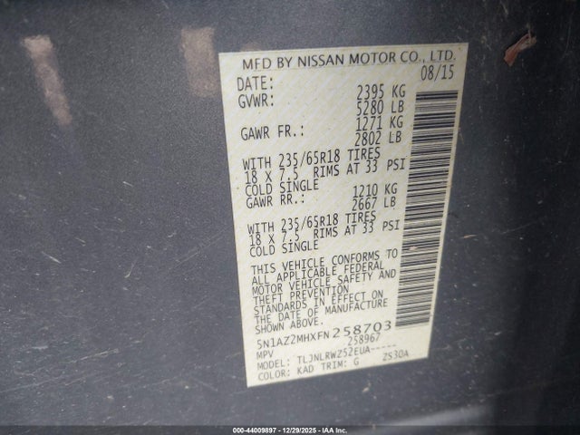 5N1AZ2MHXFN258703 Nissan MURANO SL