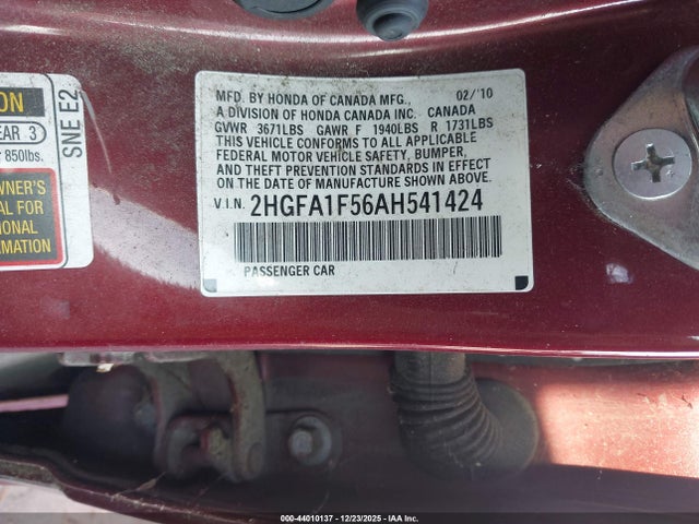 Продажа на аукционе авто 2010 Honda Civic Lx, vin: 2HGFA1F56AH541424, номер лота: 44010137