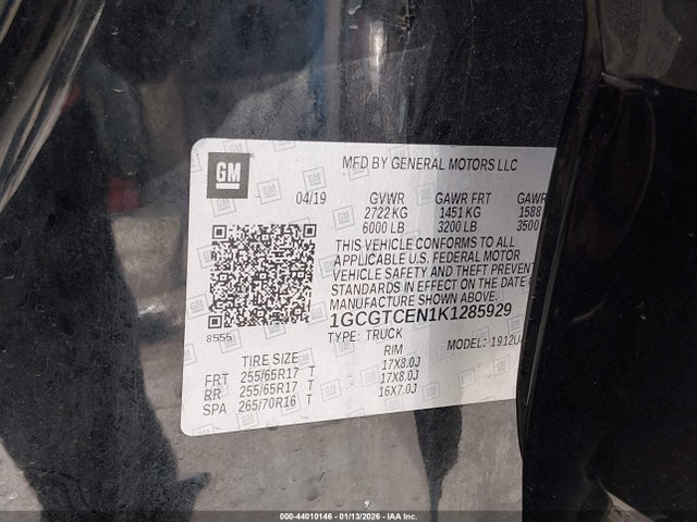 44010146 :رقم المزاد ، 1GCGTCEN1K1285929 vin ، 2019 Chevrolet Colorado Lt مزاد بيع