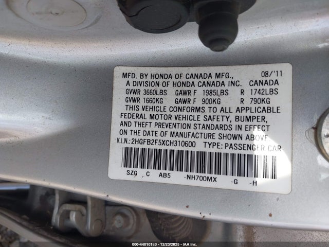 44010180 :رقم المزاد ، 2HGFB2F5XCH310600 vin ، 2012 Honda Civic Lx مزاد بيع