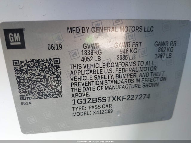 44010248 :رقم المزاد ، 1G1ZB5STXKF227274 vin ، 2019 Chevrolet Malibu 1ls مزاد بيع