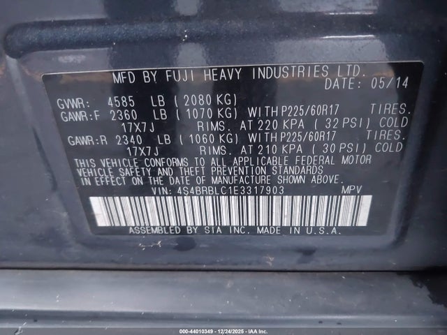 Subaru Outback 2.5i Limited 2014 4S4BRBLC1E3317903 Image 8