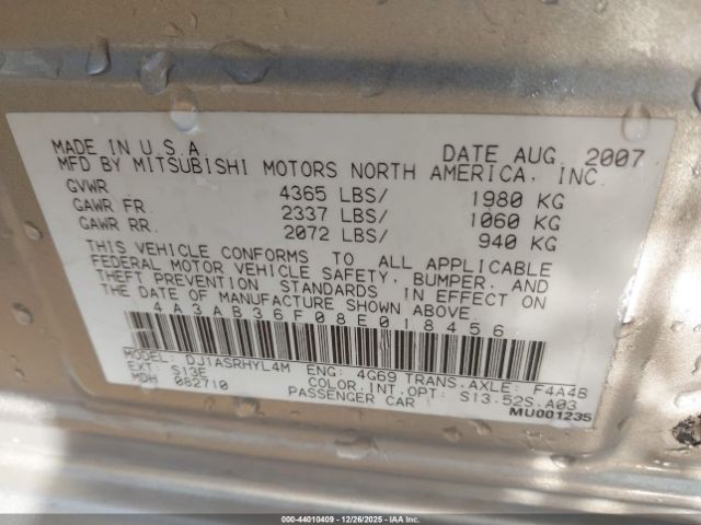 2008 MITSUBISHI GALANT 4A3AB36F08E018456 Photo 8