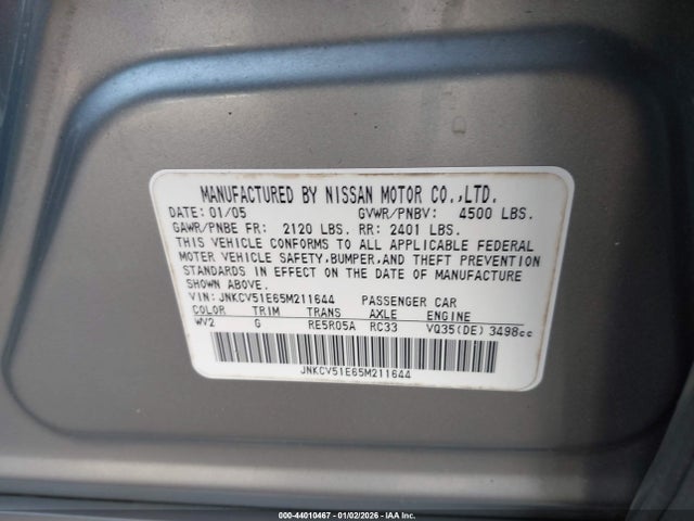 Продажа на аукционе авто 2005 Infiniti G35, vin: JNKCV51E65M211644, номер лота: 44010467