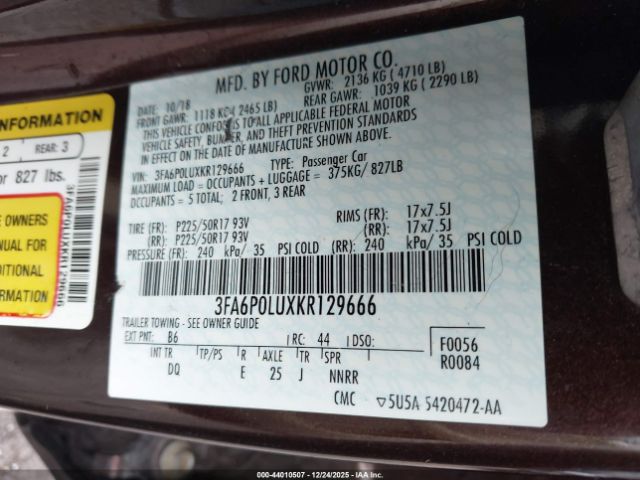 2019 FORD FUSION HYBRID 3FA6P0LUXKR129666 Photo 8