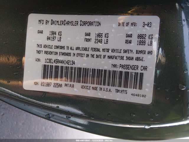 2004 Chrysler Sebring Lx მანქანა იყიდება აუქციონზე, vin: 1C3EL45R44N142134, აუქციონის ნომერი: 44010541