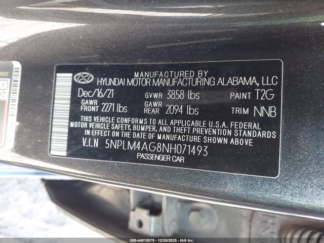 Aukcja sprzedaży 2022 Hyundai Elantra Sel, vin: 5NPLM4AG8NH071493, numer aukcji: 44010579
