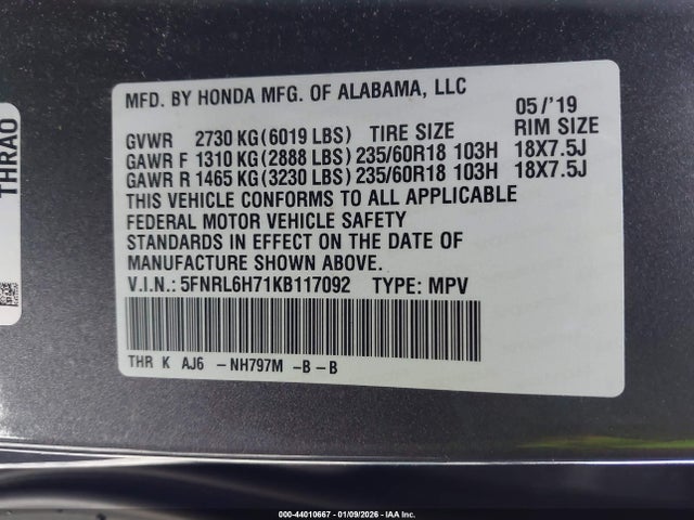 5FNRL6H71KB117092 Honda Odyssey Ex-l