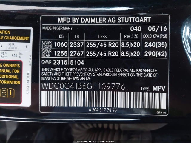 Aukcja sprzedaży 2016 Mercedes-benz Glc 300, vin: WDC0G4JB6GF109776, numer aukcji: 44010738