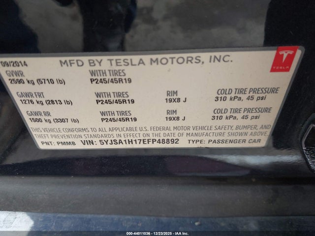 2014 TESLA MODEL S 5YJSA1H17EFP48892 Photo 8