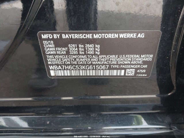 Aukcja sprzedaży 2019 Bmw M760i Xdrive, vin: WBA7H6C53KG615067, numer aukcji: 44011085