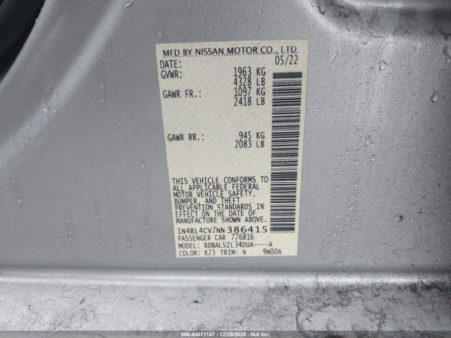 1N4BL4CV7NN386415 Nissan Altima Sr Fwd