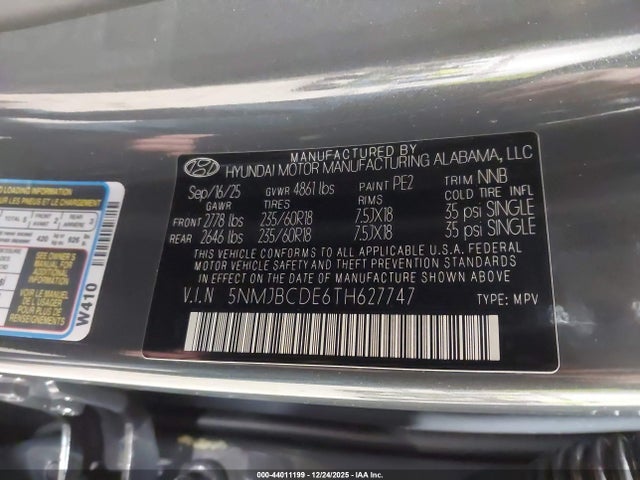 Продаж на аукціоні авто 2026 Hyundai Tucson Sel, vin: 5NMJBCDE6TH627747, номер лоту: 44011199