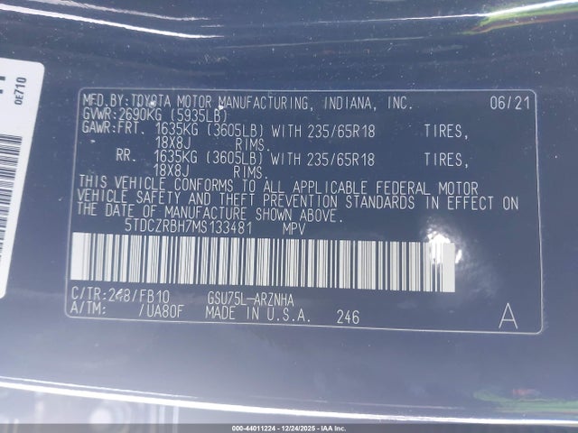 5TDCZRBH7MS133481 Toyota Highlander L