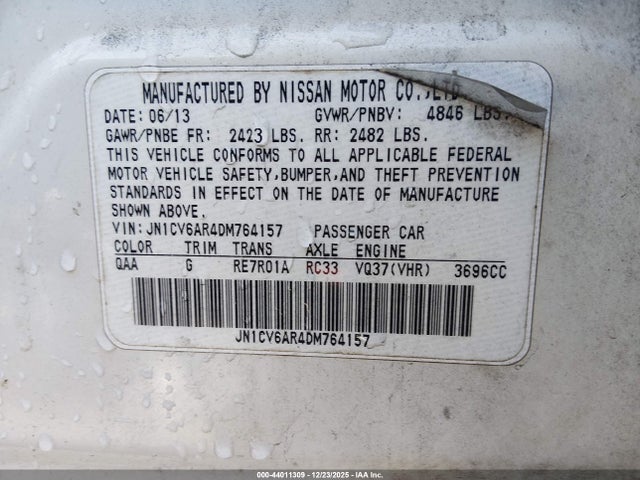 2013 Infiniti G37x მანქანა იყიდება აუქციონზე, vin: JN1CV6AR4DM764157, აუქციონის ნომერი: 44011309