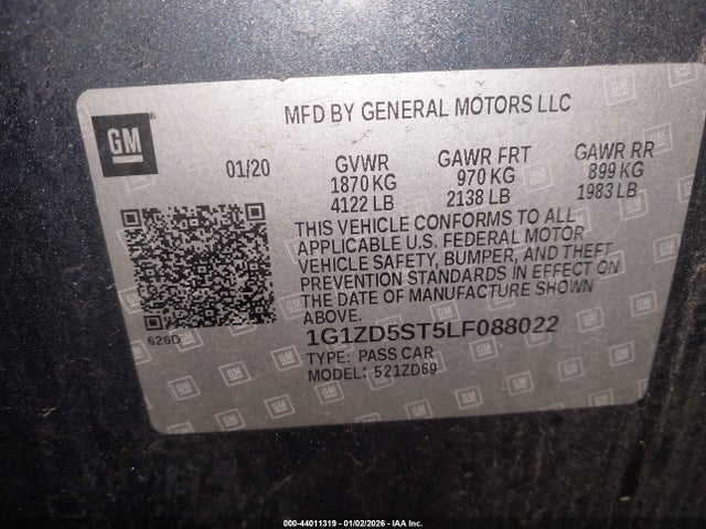 2020 Chevrolet Malibu Fwd Lt მანქანა იყიდება აუქციონზე, vin: 1G1ZD5ST5LF088022, აუქციონის ნომერი: 44011319