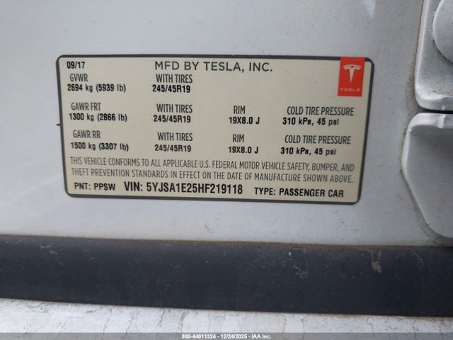 Aukcja sprzedaży 2017 Tesla Model S 100d/60d/75d/90d/p100d, vin: 5YJSA1E25HF219118, numer aukcji: 44011324