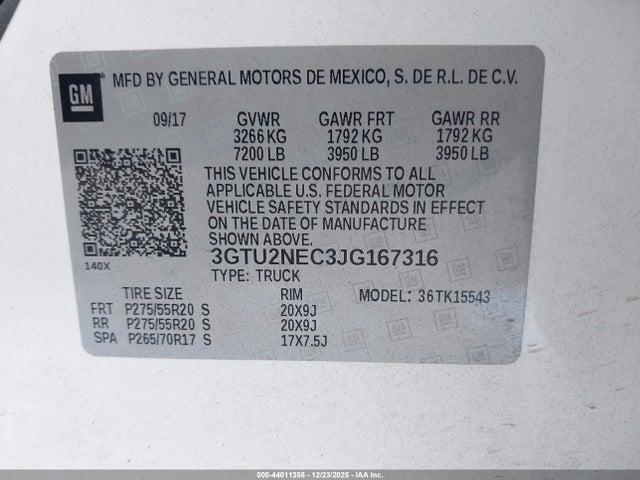 Aukcja sprzedaży 2018 Gmc Sierra 1500 Slt, vin: 3GTU2NEC3JG167316, numer aukcji: 44011358