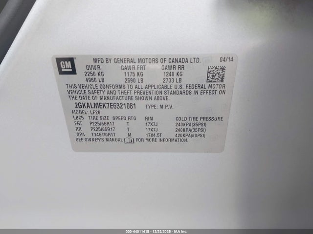 Продажа на аукционе авто 2014 Gmc Terrain Sle-1, vin: 2GKALMEK7E6321081, номер лота: 44011419