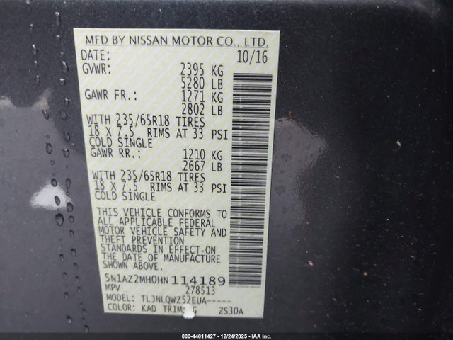 5N1AZ2MH0HN114189 Nissan MURANO SV