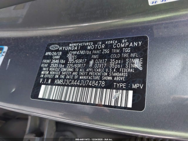 KM8J3CA44JU748478 Hyundai TUCSON SEL