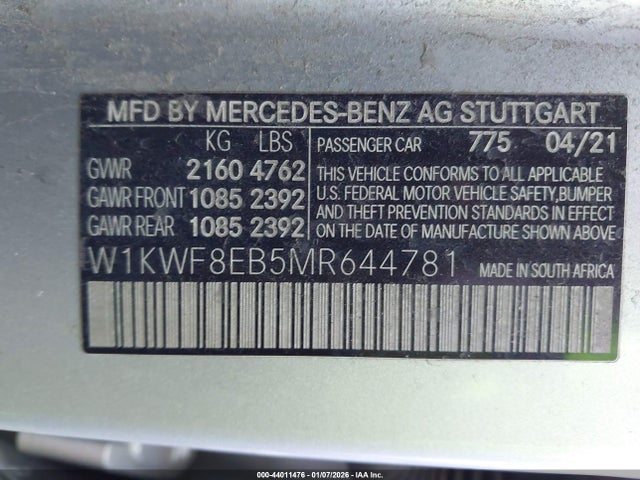 Aukcja sprzedaży 2021 Mercedes-benz C 300 4matic, vin: W1KWF8EB5MR644781, numer aukcji: 44011476