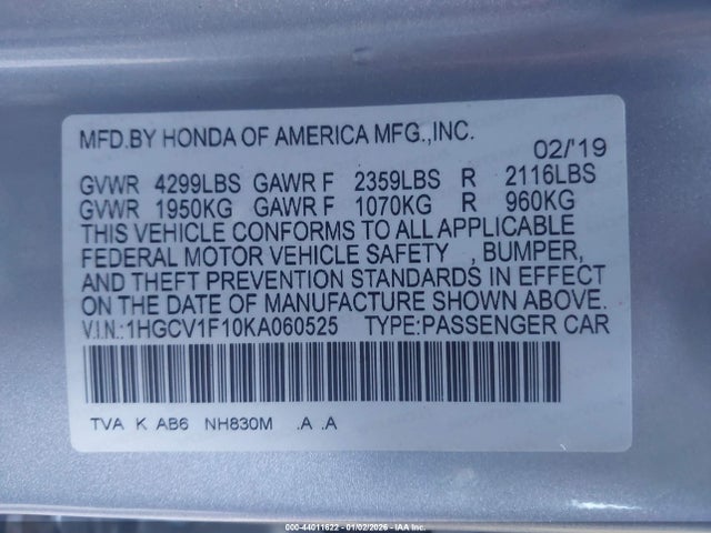 2019 Honda Accord Lx მანქანა იყიდება აუქციონზე, vin: 1HGCV1F10KA060525, აუქციონის ნომერი: 44011622