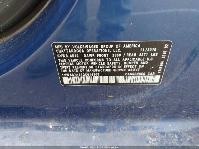 44011697 :رقم المزاد ، 1VWAS7A31GC014205 vin ، 2016 Volkswagen Passat 1.8t S مزاد بيع