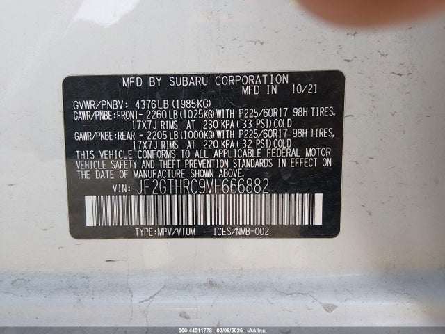 2021 Subaru Crosstrek Sport მანქანა იყიდება აუქციონზე, vin: JF2GTHRC9MH666882, აუქციონის ნომერი: 44011778