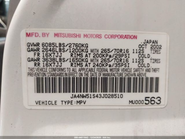 2003 MITSUBISHI MONTERO JA4NW51S43J028510 Photo 8