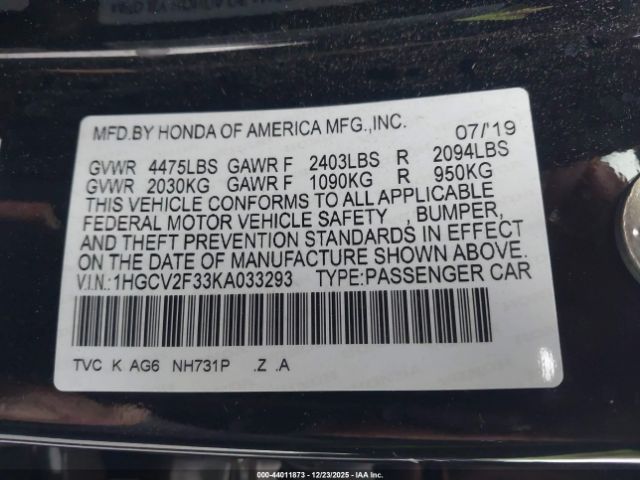 2019 HONDA ACCORD 1HGCV2F33KA033293 Photo 8
