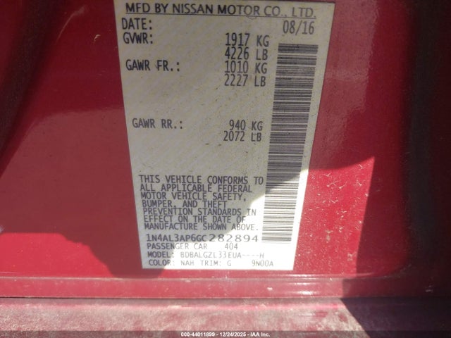 Aukcja sprzedaży 2016 Nissan Altima 2.5 S, vin: 1N4AL3AP6GC282894, numer aukcji: 44011899